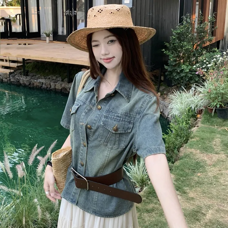 港风复古短袖修身牛仔衬衫女夏季腰带收腰小个子短款上衣衬衣外套