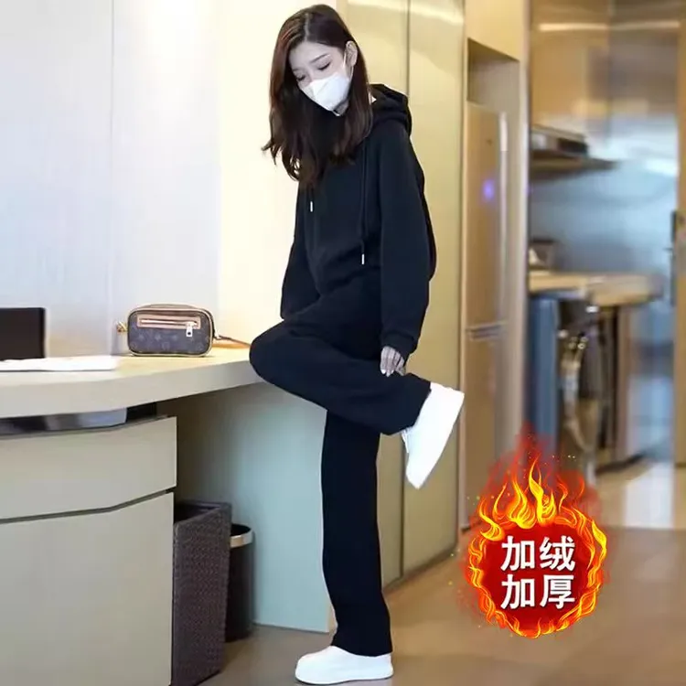 大码休闲运动套装女2025冬季新款加绒加厚洋气卫衣卫裤显瘦两件套