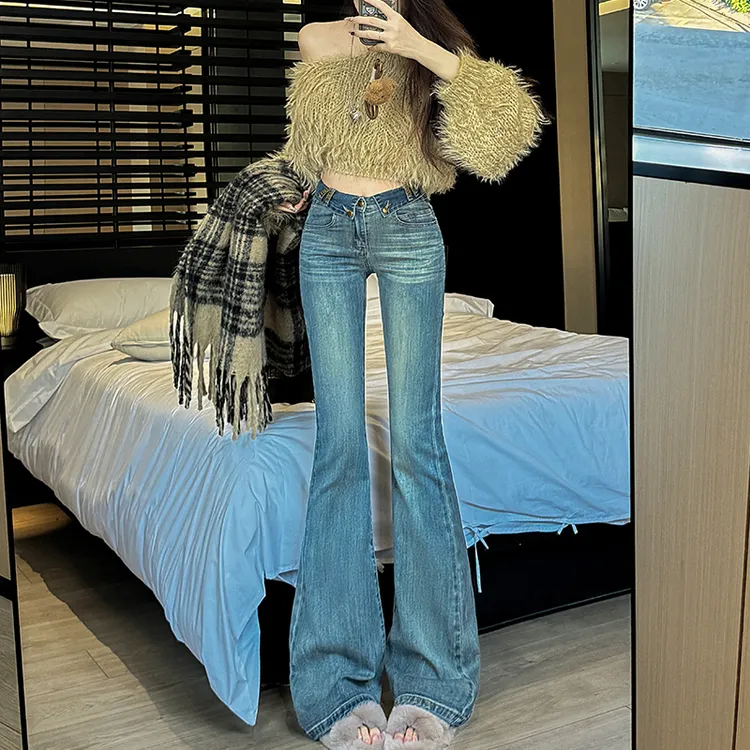 高腰微喇叭牛仔裤女2025秋季新款辣妹修身显瘦显高弹力百搭小个子