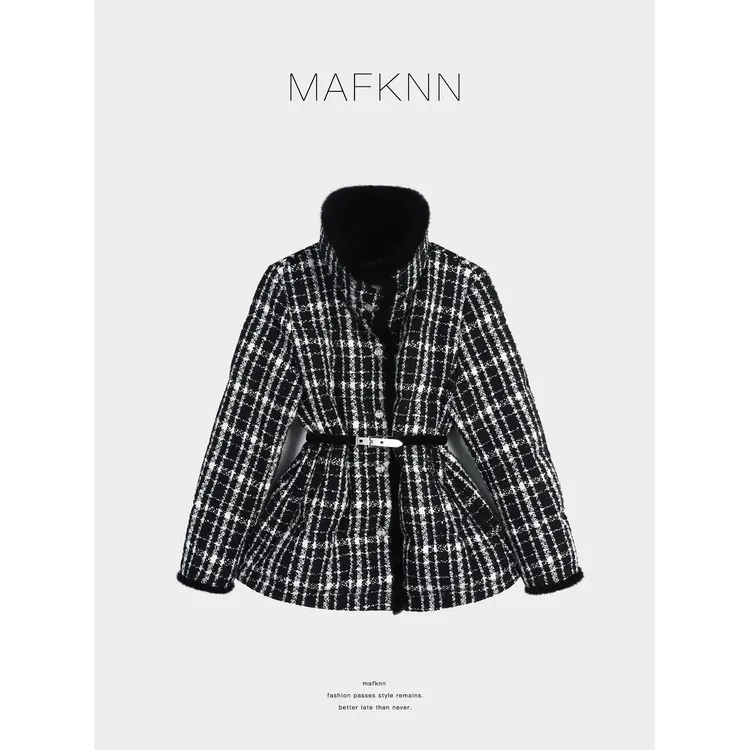 MAFKNN/玛肯时尚休闲简约纯色百搭格子90白鹅绒羽绒服MK13953