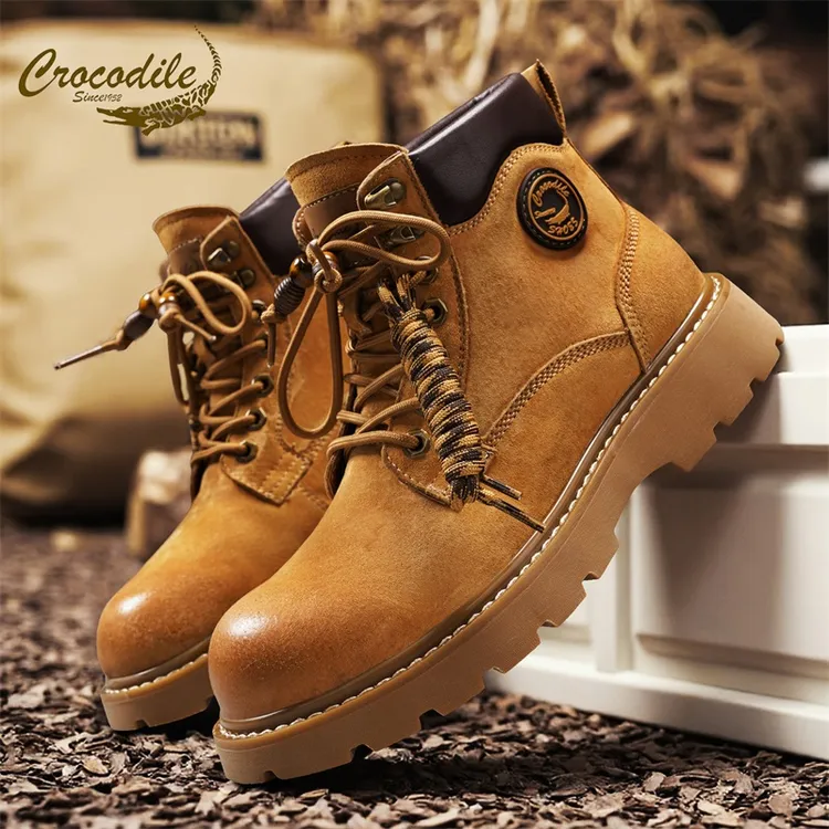 鳄鱼恤马丁靴冬季男士2025新款户外工装靴真皮高帮大黄靴增高男鞋