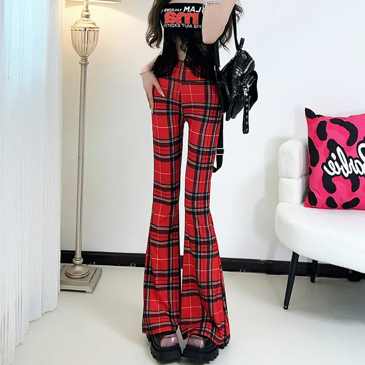 洋气时髦气质格子裤高腰喇叭裤加绒印花显瘦健身瑜伽运动裤子潮牌