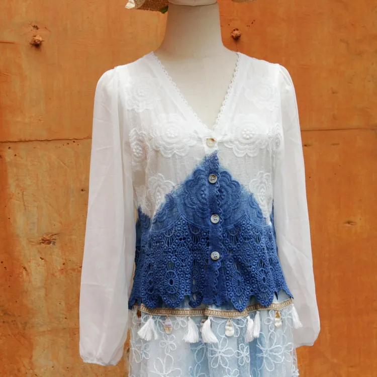 大理扎染百搭V领小衫成人衬衫夏季女装短款纽扣开衫镂空长袖妈妈