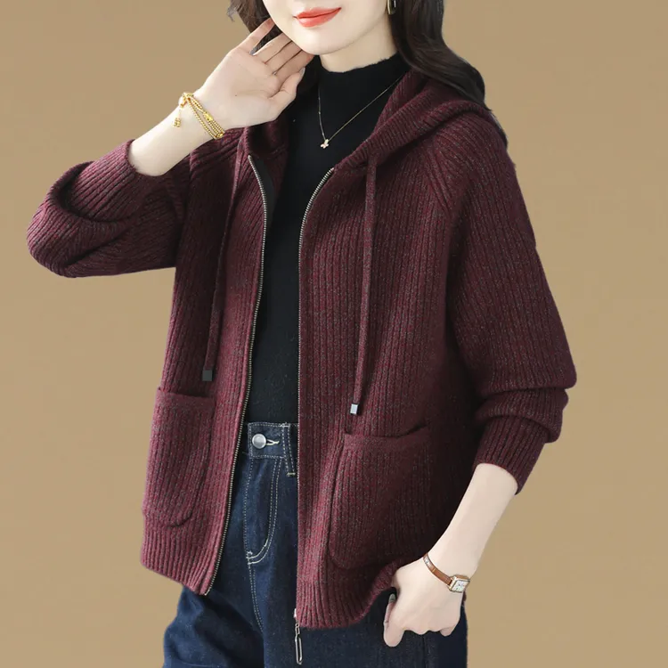 高级感时尚拉链连帽毛衣外套女秋冬新款宽松百搭加厚针织开衫外搭