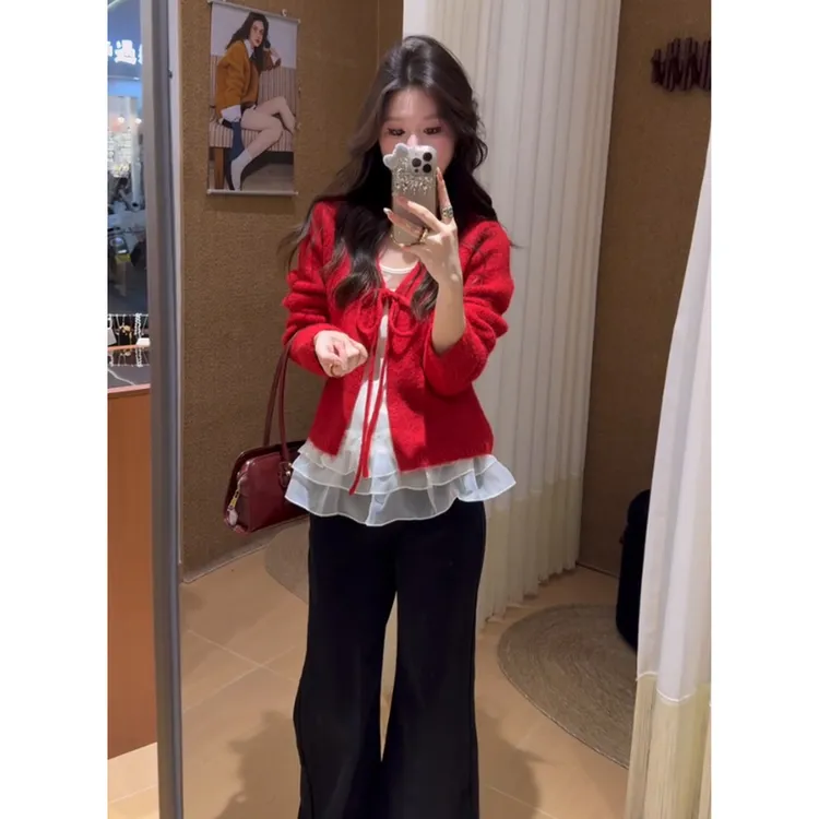 新年过年战袍红色V领系带毛衣开衫女秋冬慵懒风叠穿针织外套上衣