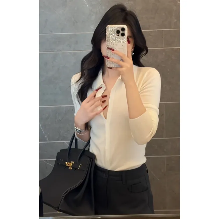 法式polo翻领白色长袖针织开衫女秋冬修身内搭毛衣纯色打底衫上衣