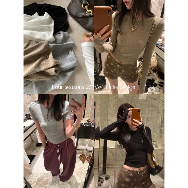 区区欧阳 针织长袖T恤女秋季新款修身显瘦内搭打底衫圆领短袖上衣