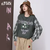3008【金拐子】妖精的口袋格子拼接印花圆领卫衣女2025早秋新款短