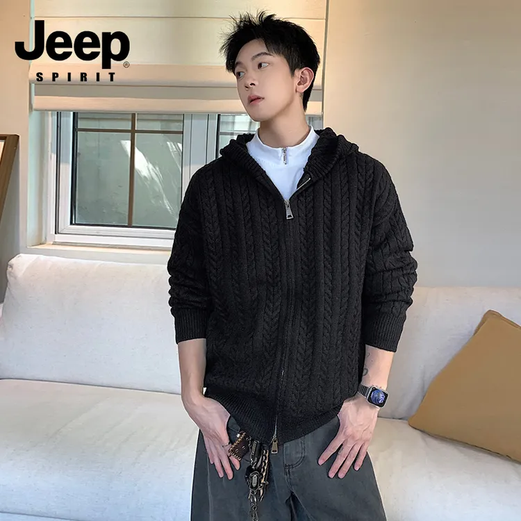 jeep spirit品牌提花肌理感毛衣男秋冬宽松大码连帽开衫针织外套