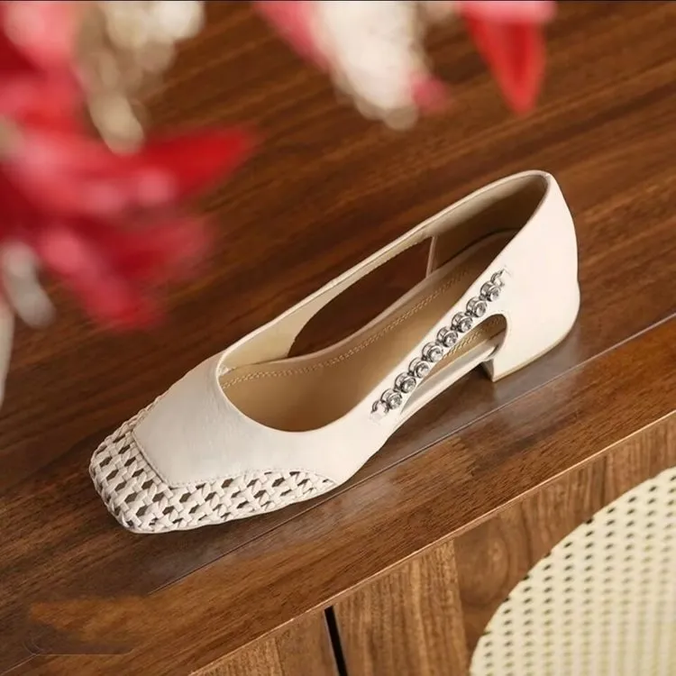 3cm/软皮/高级感夏季透气编织单鞋女浅口镂空水钻粗跟配裙子女鞋