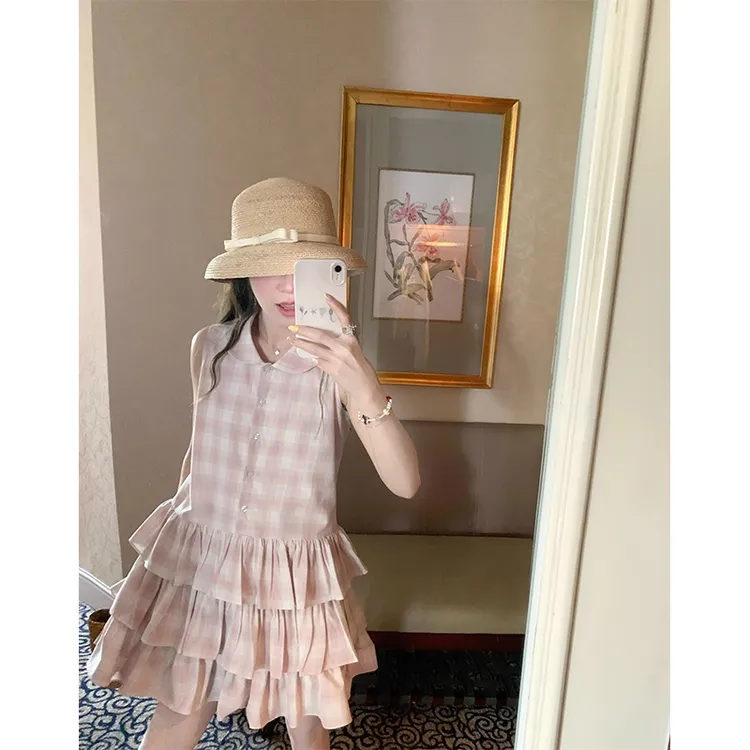 夏日少女减龄粉色格纹蛋糕裙女2025新款娃娃元宝领短款衬衫连衣裙