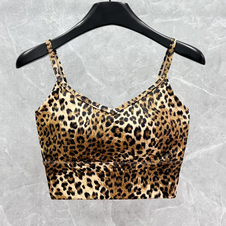 瑜伽纯欲风豹纹吊带背心修身型性感美背聚拢防震固定胸垫运动上衣