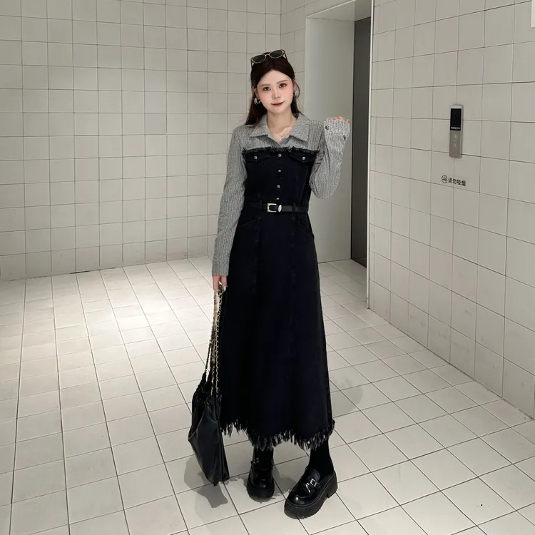 敏敏&南岛风大码女装假两件连衣裙女胖mm显瘦牛仔流苏长裙ZZM183