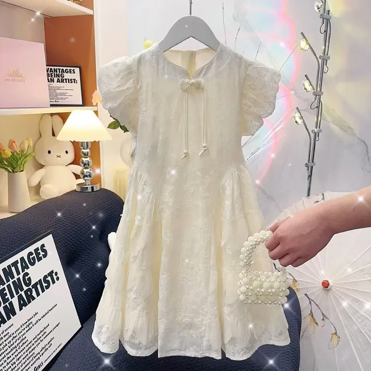 夏季女童中大童国风泡泡袖女孩洋气收腰白月光连衣裙