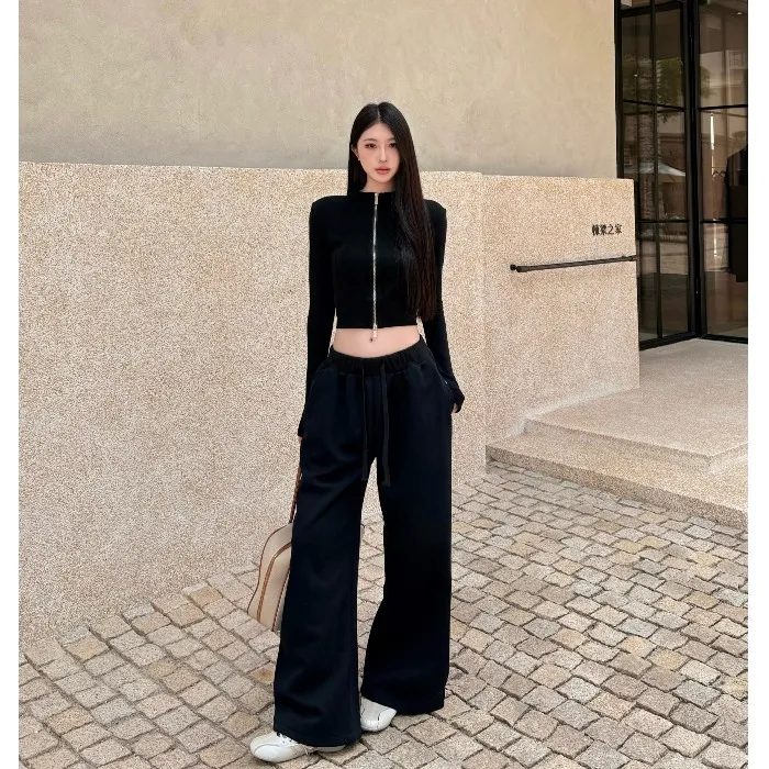 双拉链美式辣妹修身长袖卫衣外套女秋季黑色套装休闲阔腿裤两件套