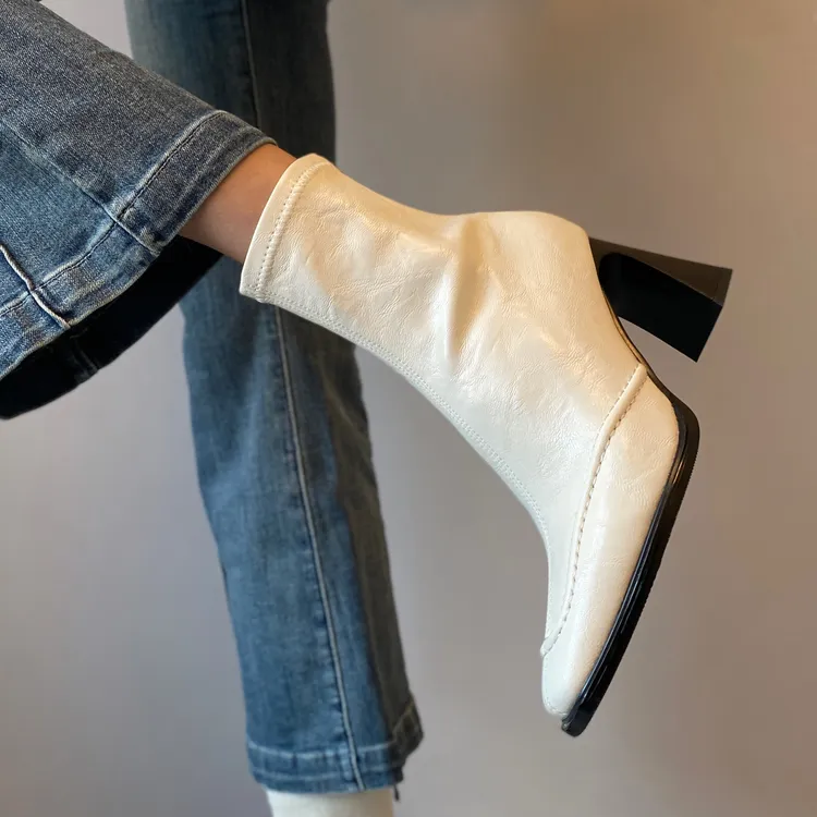 牛皮版~通勤高跟瘦瘦靴复古风方跟显瘦弹力靴后拉链软皮短靴百搭