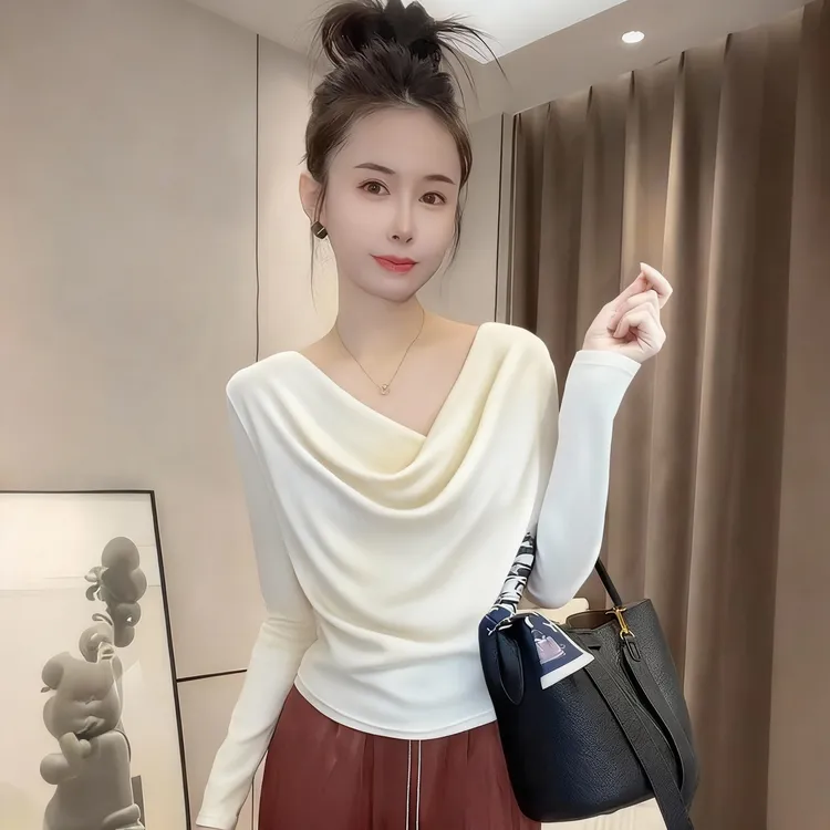 白色荡领长袖打底衫女秋冬季纯欲时尚百搭一字肩露肩修身t恤上衣