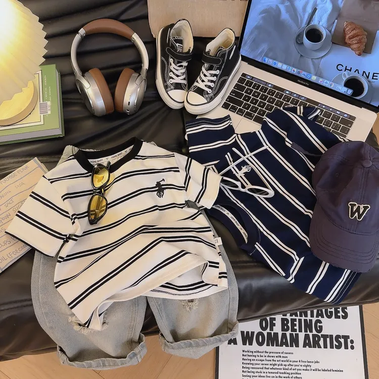 儿童短袖2025夏季新款童装男女童韩版条纹刺绣t恤宝宝百搭上衣棉