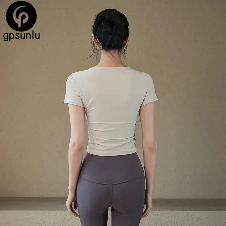 GPSUNLU瑜伽服女夏季运动上衣修身显瘦罗纹短袖T恤外穿跑步训练健