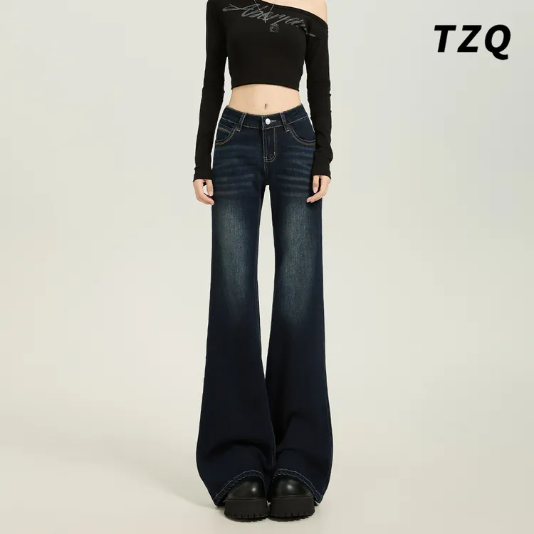 美式深蓝色微喇叭牛仔裤女款爆款秋季新款高腰显瘦不贴腿阔腿裤子