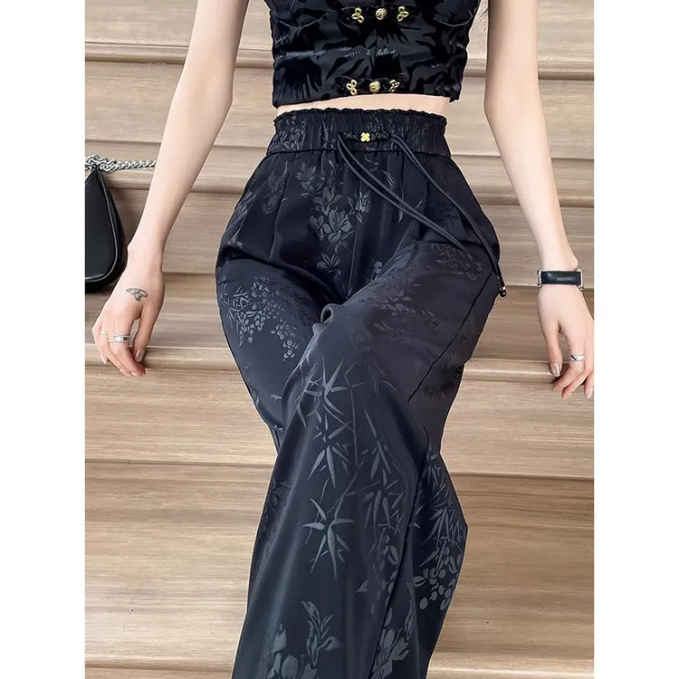 胖mm大码新中式国风阔腿裤女夏季薄款高腰宽松显瘦垂感直筒休闲裤