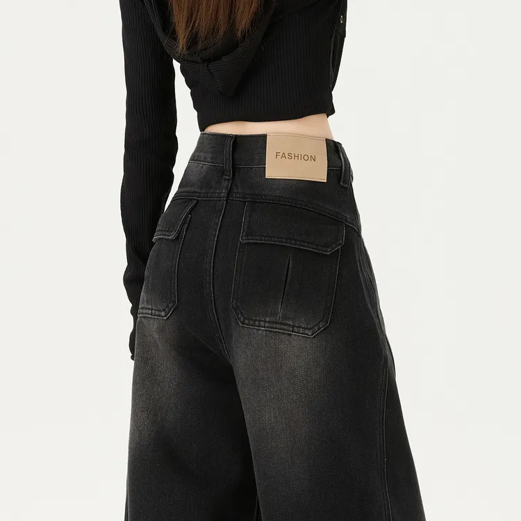 黑灰色弯刀牛仔裤女2025秋冬新款加绒高腰阔腿宽松显瘦垂感直筒裤