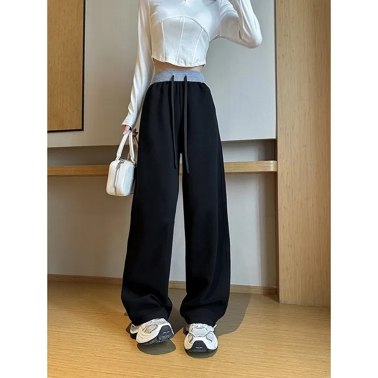 高级感拼色运动裤女2025春季新款抽绳显瘦宽松弯刀卫裤休闲阔腿裤