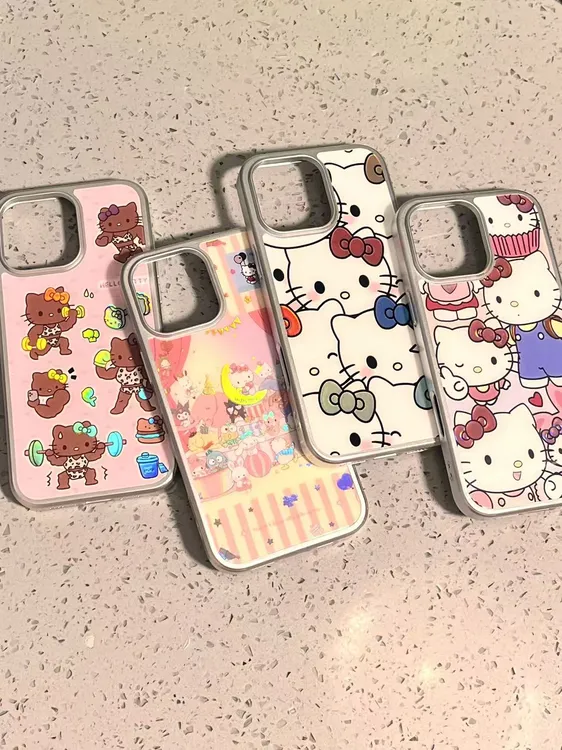 少女可爱比耶KT猫集合碳纤维彩金壳适用苹果17/16/15/防摔手机壳