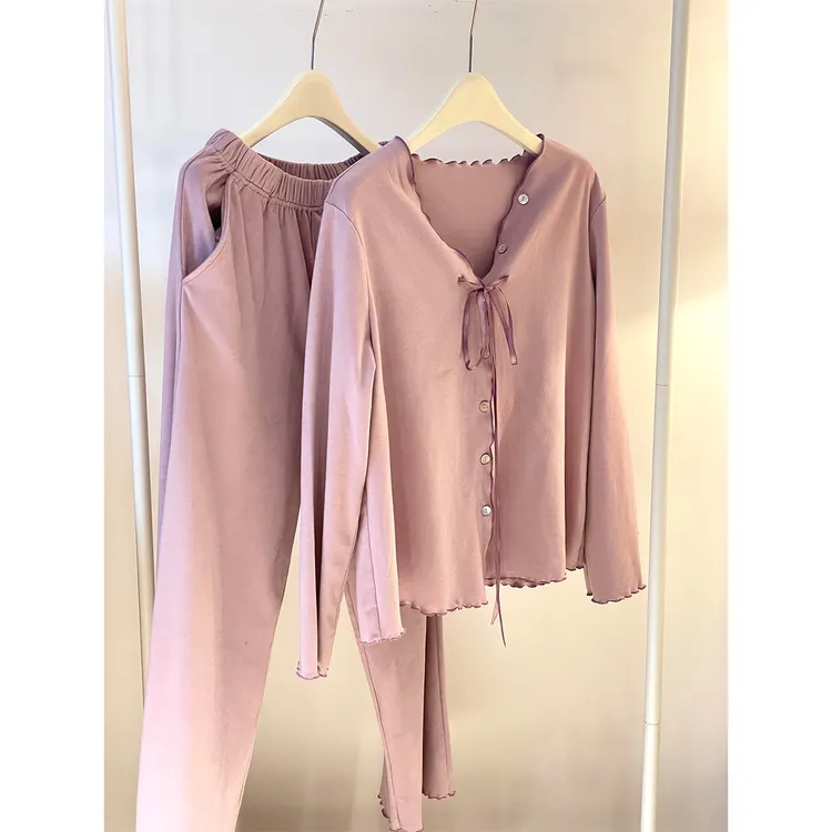 甜美少女简约紫色德绒睡衣女2025秋冬新款保暖磨毛长袖家居服套装