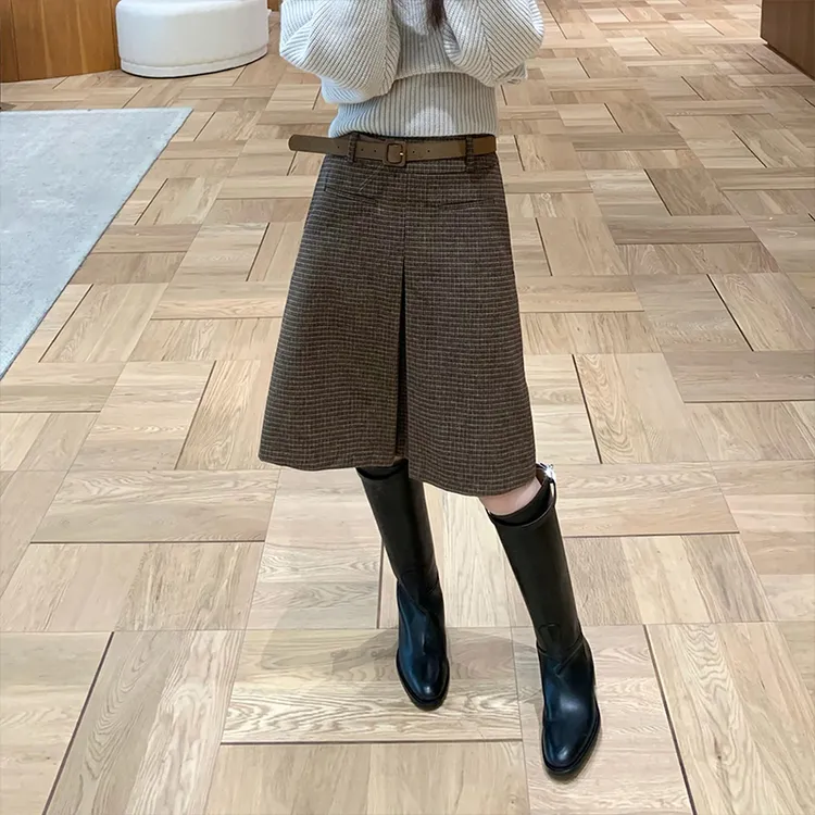 法式复古文艺格子半身裙女冬季新款时尚宽松遮胯显瘦A字中长裙
