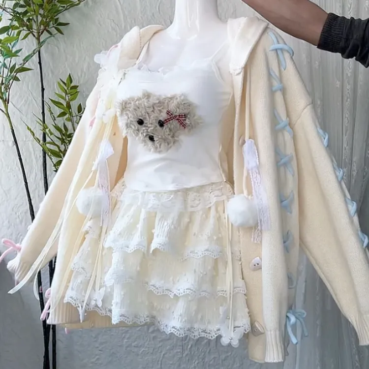 秋冬春季甜美可爱毛绒小狗吊带背心女蕾丝边蛋糕裙日系短裙套装