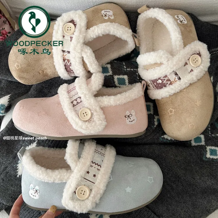 啄木鸟加绒勃肯鞋女冬季2025新款厚底半拖鞋毛绒全包毛毛雪地靴女