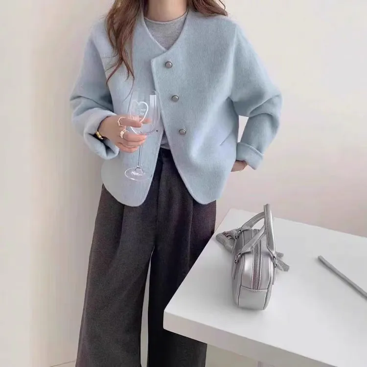 2025年小香风双面羊绒大衣女短款气质韩版圆领羊毛呢外套百搭新款