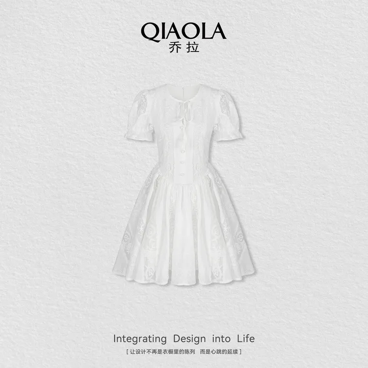 QIAOLA/乔拉【水仙涟漪】夏季新款圆领收腰显瘦气质连衣裙预售