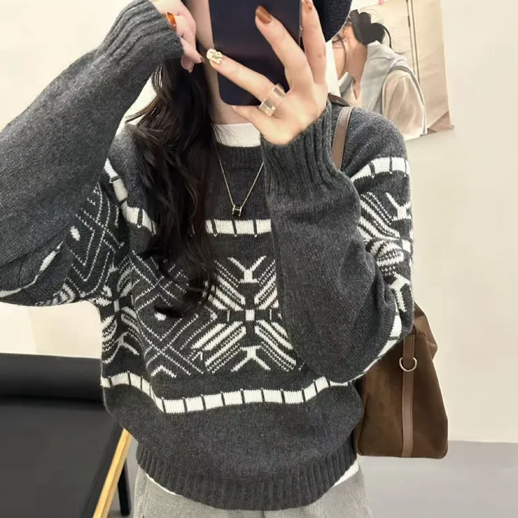 套头长袖复古针织上衣休闲百搭气质减龄新款提花圆领双色