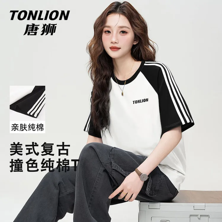 唐狮撞色插肩袖纯棉t恤女夏2025新款多巴胺圆领洋气衣服短袖上衣
