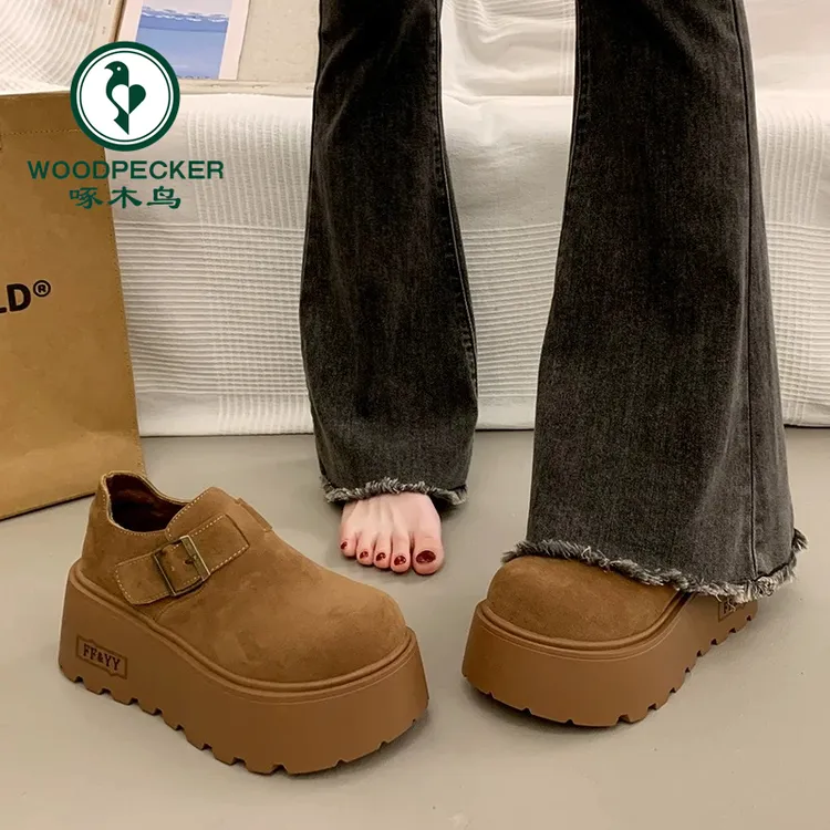 啄木鸟厚底增高勃肯鞋女2025秋冬季新款小个子一脚蹬加绒保暖棉鞋