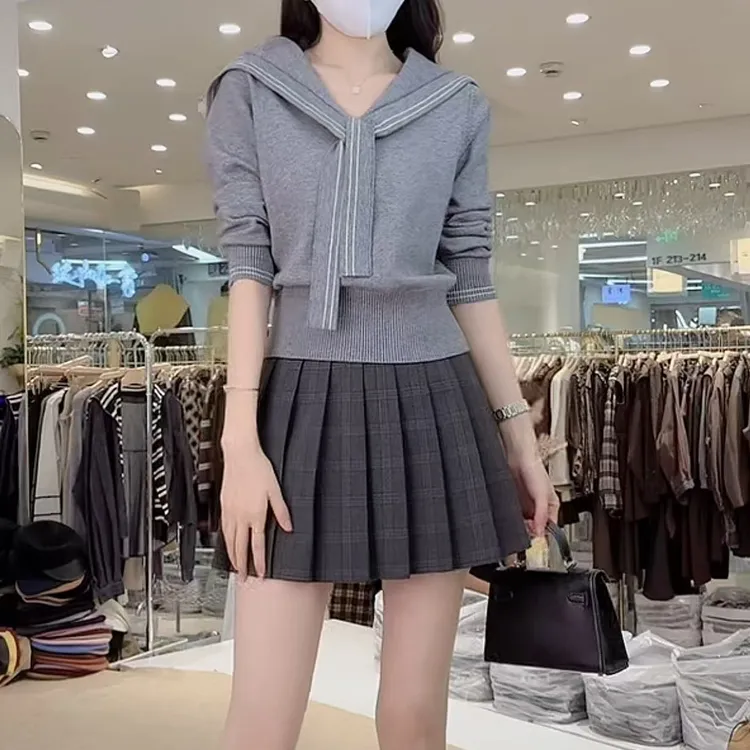W0131海军领韩系学院风针织衫2025秋冬百搭设计感休闲显瘦上衣女