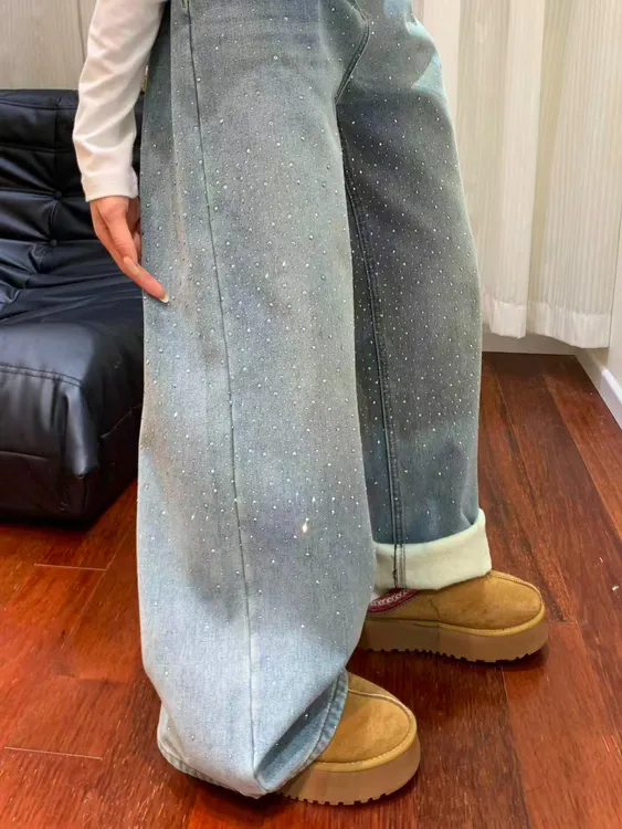 满天星烫钻重工牛仔裤女冬季加绒加厚大码胖mm宽松显瘦阔腿拖地裤