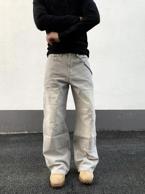大葱美式复古破坏贴布双膝伐木裤男vintage直筒宽松阔腿工装裤b01