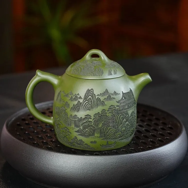 宜兴紫砂壶原矿绿泥刻绘山居阁楼秦权壶送礼品茶杯高档泡茶壶单壶商品图