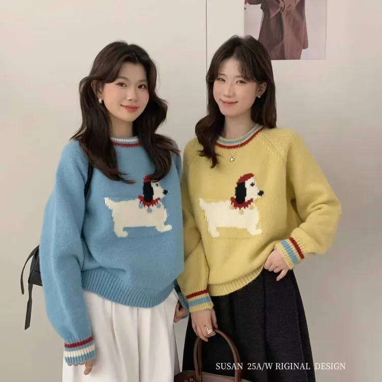 设计感减龄可爱小狗提花圆领毛衣套头女秋冬软糯针织衫上衣厚3051