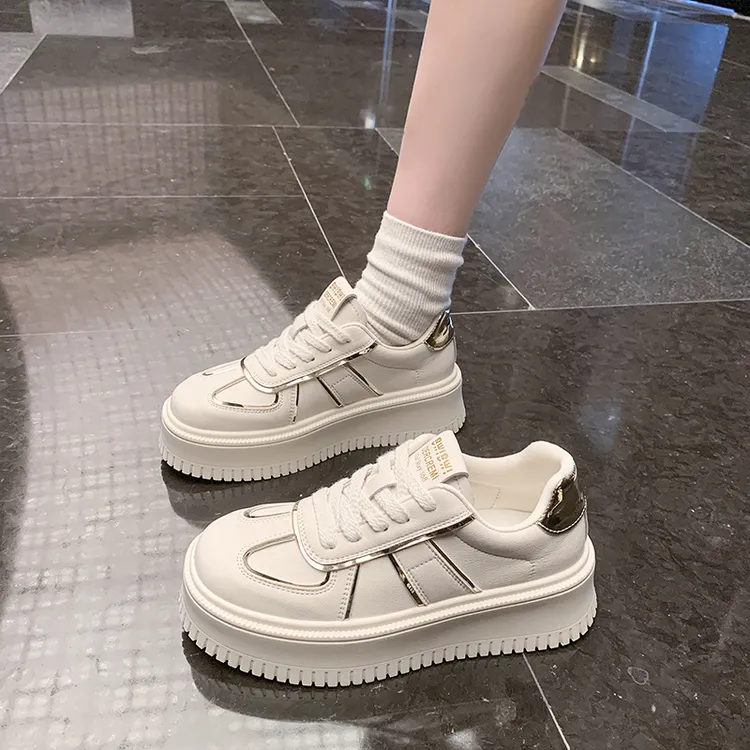 春秋新款轻奢高品质拼接边条女小白鞋时尚厚底小个子运动休闲单鞋