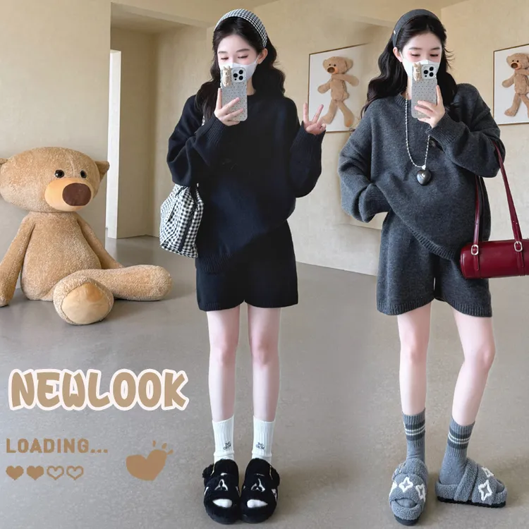 孕妇装2025春秋款法式休闲外穿高级感针织毛衣可调节短裤孕妇套装