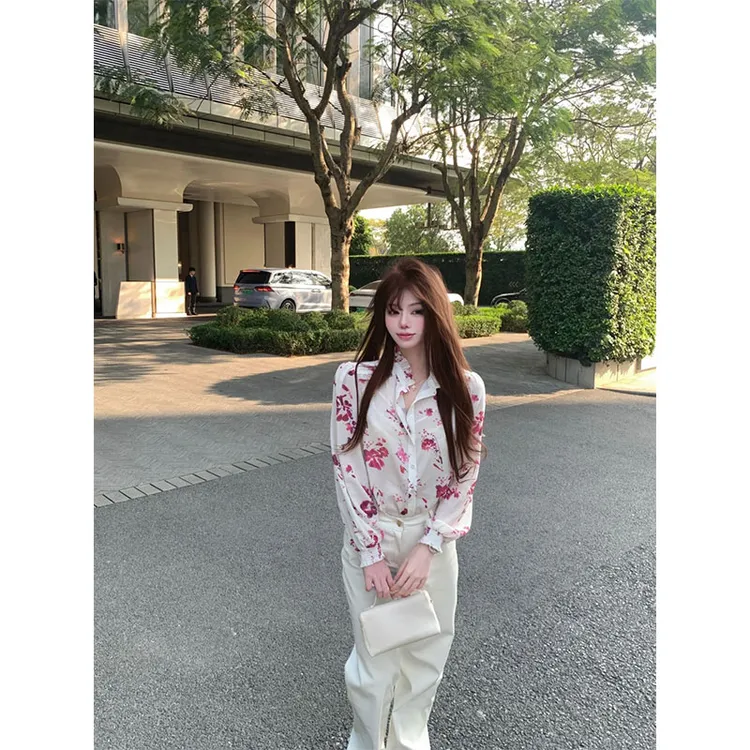 【文雅复古】ins法式双生玫瑰印花雪纺质感衬衫女配高腰显瘦长裤女