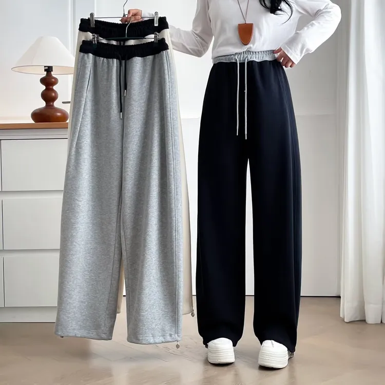加绒加厚秋冬新款大码女装宽松显瘦拼接抽绳弯刀时尚百搭休闲长裤