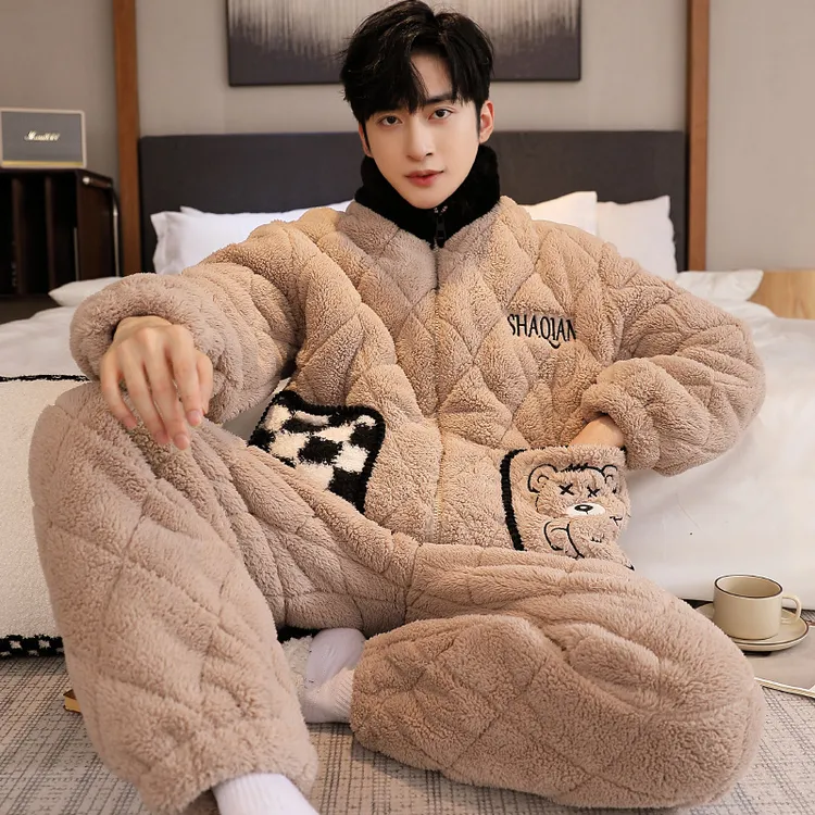 帅气小熊口袋秋冬季夹棉加绒三层加厚睡衣男士保暖家居服套装批发