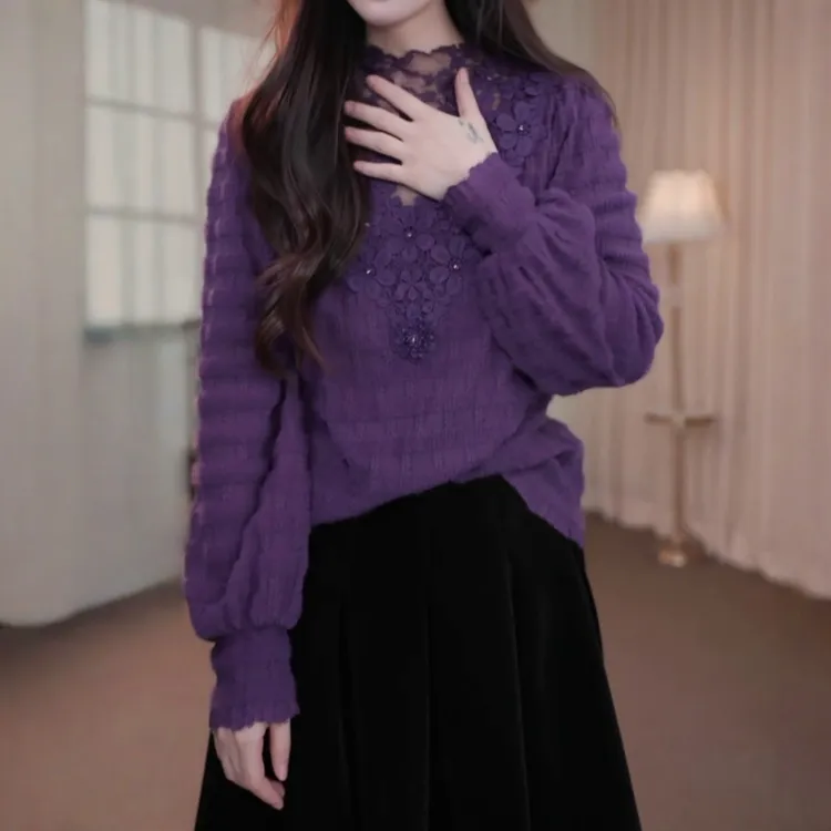 法式时尚磨毛蕾丝拼接打底衫女士秋冬新款设计感洋气百搭内搭上衣