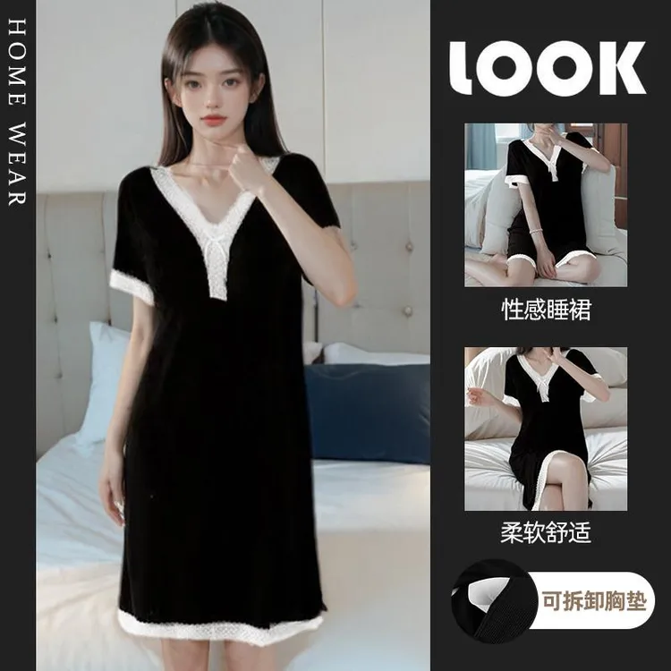 宽松尤莱特莫代尔冰丝带显瘦裙子女大码蕾丝短袖黑色边睡衣可外穿