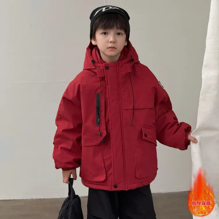 男童红色冲锋衣冬季2025新款中大童新年棉衣男孩本命年棉服加厚潮